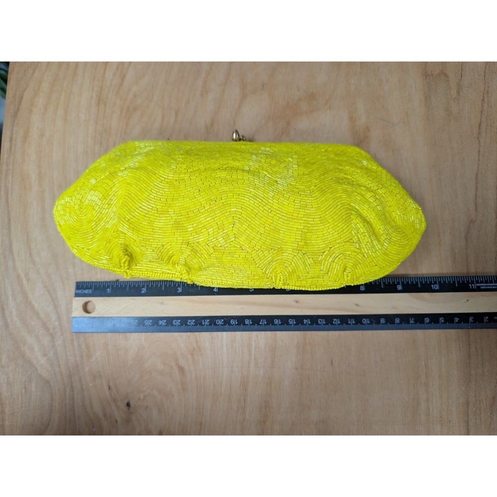 Yellow Beaded Clutch Bag Purse 9.5 X 4 Women Kiss Lock Opening